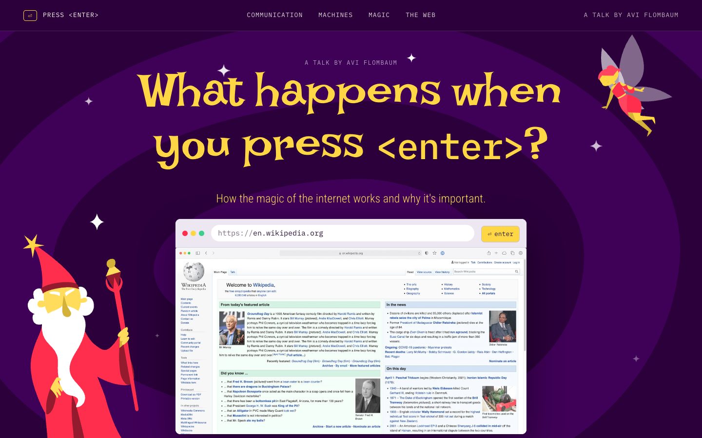The Press Enter microsite: a purple sky, a wizard, a fairy, and a browser loading Wikipedia