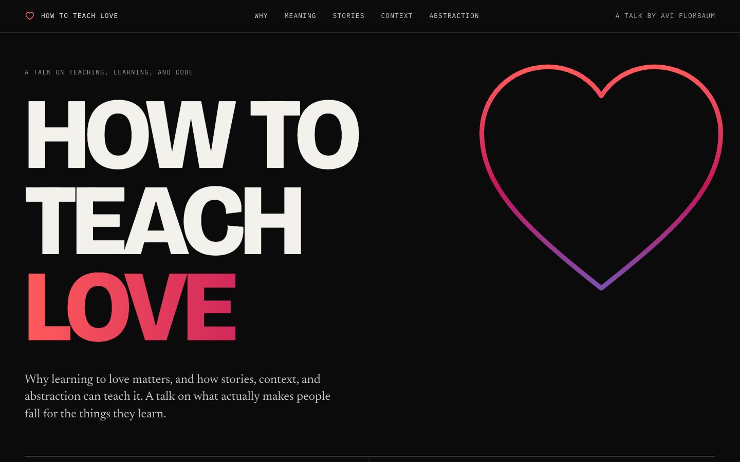 The How to Teach Love microsite: a giant title and an outlined gradient heart on black