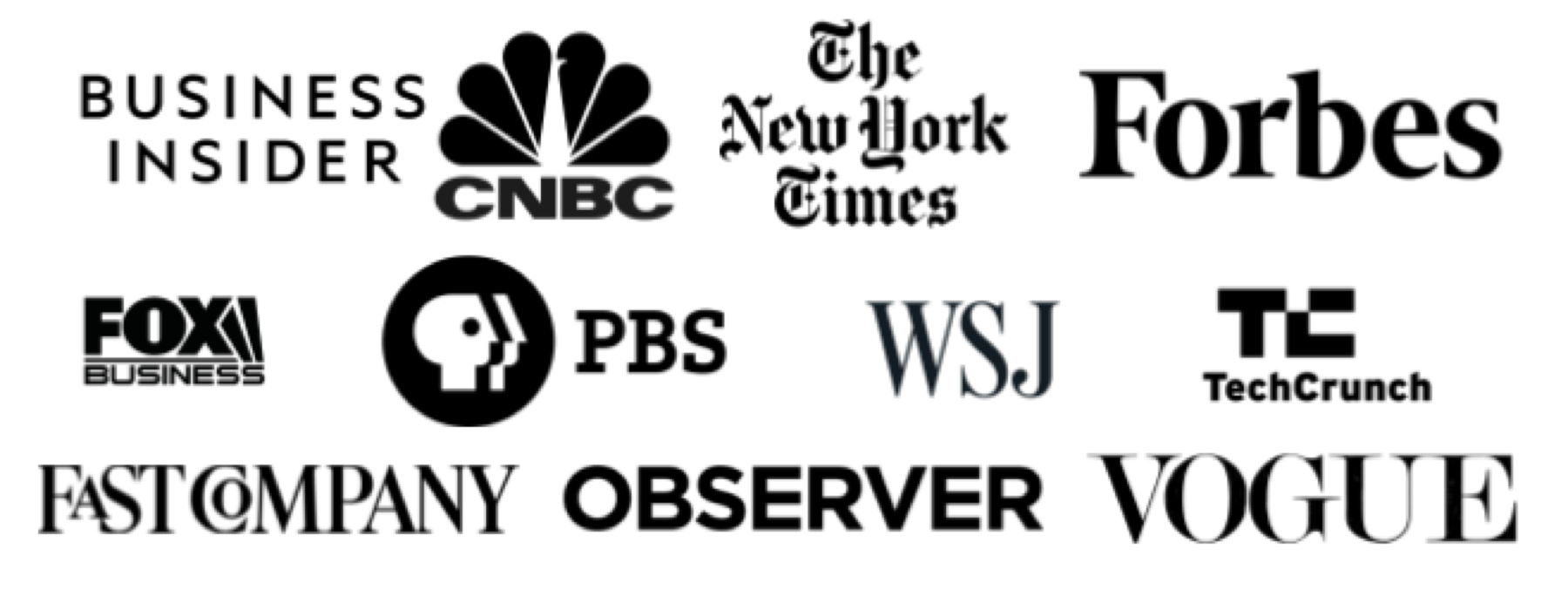 Logos from Business Insider, CNBC, The New York Times, Forbes, ABC News, PBS, The Wall Street Journal, TechCrunch, Fast Company, The New York Observer, and Vogue