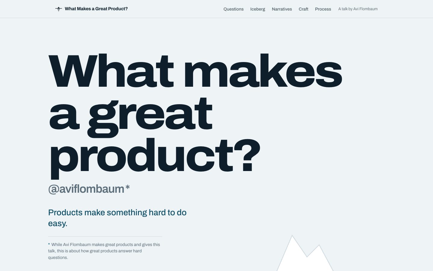 The Great Product microsite: an enormous headline on ice blue with the tip of an iceberg